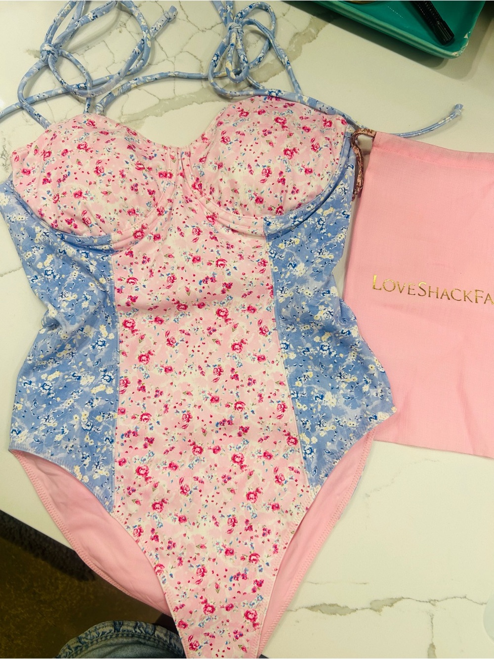 LoveShackFancy Girls Floral One-Piece in Pink & Blue